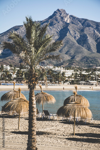 Puerto Banus beach, mountain and sea view, Marbella, Costa del Sol, Spain
