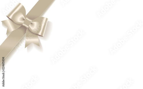 Single decorative crimson satin bow with diagonally ribbon on the corner isolated on white background