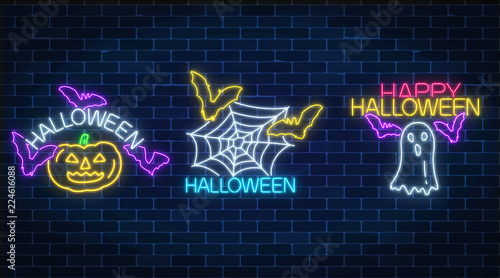Set of three halloween illustrations in neon style. Glowing neon pumpkin, bats, chost silhouette and spyder web