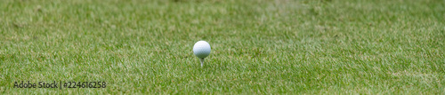 White golf ball on a tee banner with a shallow depth of field and copy space