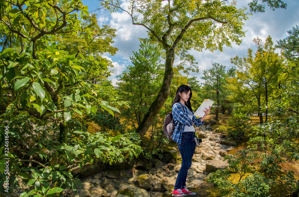 A beautiful women with backpack Viewing map in the park A beautiful women with backpack Viewing map in the park