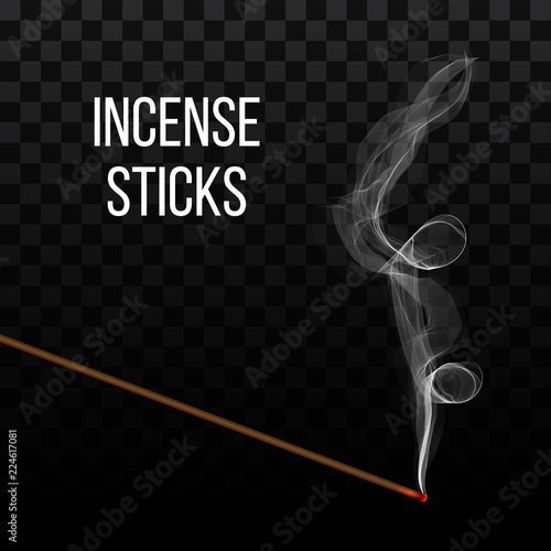 Creative vector illustration of realistic incense stick aroma with smoke isolated on transparent background. Art design incense burning. Abstract concept Chinese New Year graphic element