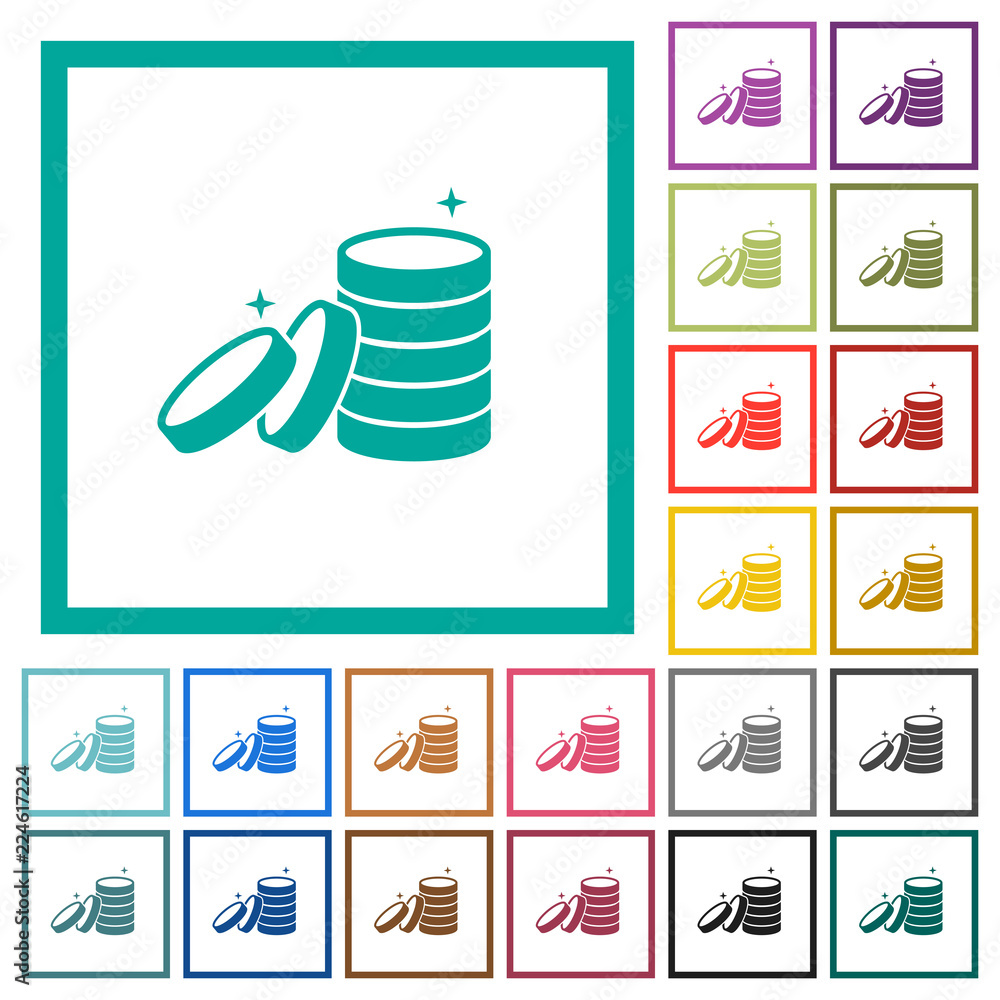 Stack of treasure flat color icons with quadrant frames Stack of treasure flat color icons with quadrant frames