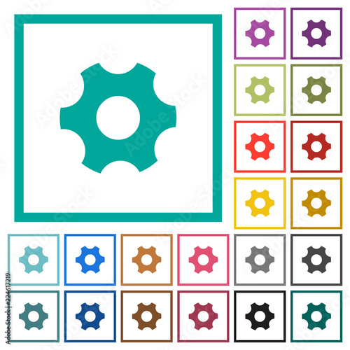 Single cogwheel flat color icons with quadrant frames