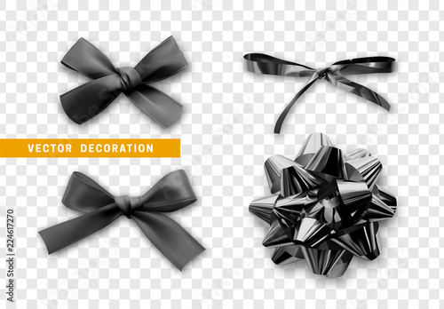 Bows color black realistic design. Isolated gift bows with ribbons with shadow