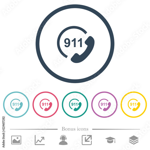 Emergency call 911 flat color icons in round outlines