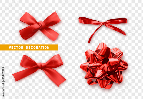 Bows color red realistic design. Isolated gift bows with ribbons with shadow.