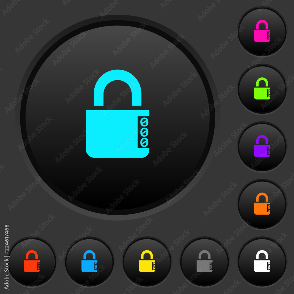 Locked combination lock with side numbers dark push buttons with color icons Locked combination lock with side numbers dark push buttons with color icons