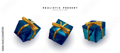Set presents. Blue gift boxes realistic design. Isolated on white background