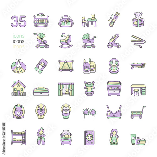 icons baby products crib stroller breast pump pillow toy pregnant clothes bedroom curtains furniture cosmetics hair love