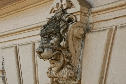 part of the old brown concrete wall of the fence with a sculpture of the head of a lion