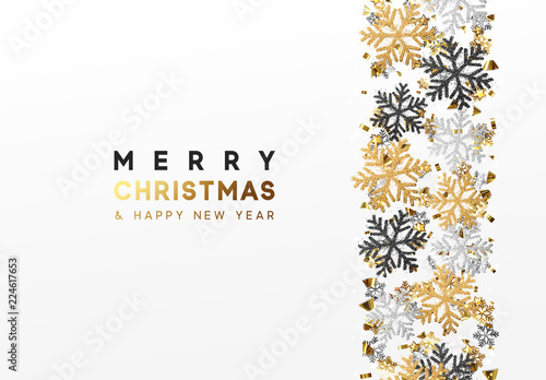 Merry Christmas and Happy New Year. Xmas background with Shining gold Snowflakes. Greeting card, holiday banner, web poster