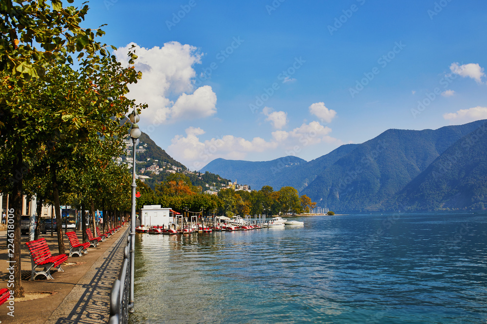 Lake embankment in Lugano, canton of Ticino, Switzerland