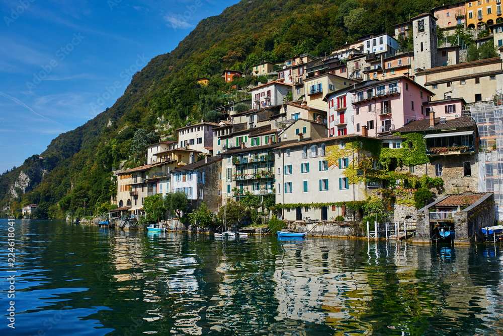 View of Gandria village near Lugano from the lake, canton of Ticino, Switzerland