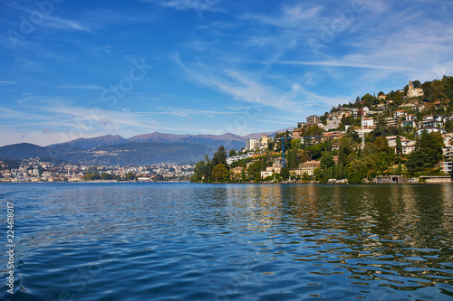 View of mountain villages near Lugano from the lake  canton of Ticino  Switzerland