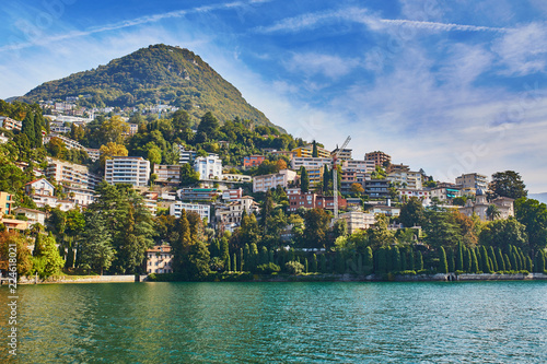 View of mountain villages near Lugano from the lake, canton of Ticino, Switzerland