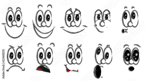 Various black and white emotions: joy, smile, anger, delight, discontent, playfulness, fun, surprise, pleasure. A set of people with children's emotions. Vector