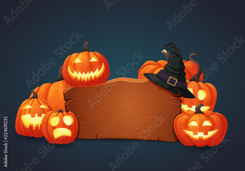 Wooden signboard with halloween pumpkins illuminated from the inside, witch hat and pile of pumpkins on the background. Vector sign, banner, icon design template.