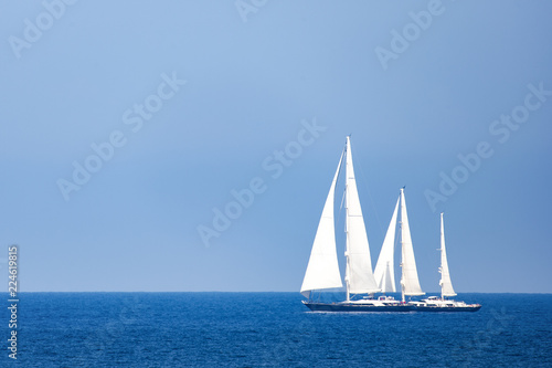 A beautiful and luxury sailboat is sailing during a Regatta in Sardinia. September 2018, Italy.