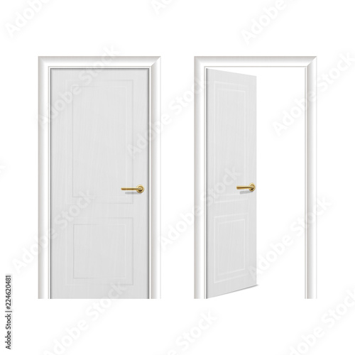 Vector realistic different opened and closed white wooden door icon set closeup isolated on white background. Elements of architecture. Design template for graphics, Front view
