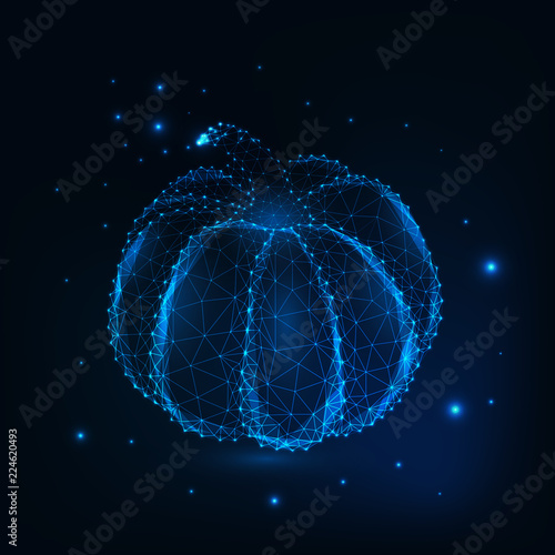 Autumn glowing Halloween or thanksgiving pumpkin made of stars, lines, low polygonal shapes on dark blue background.