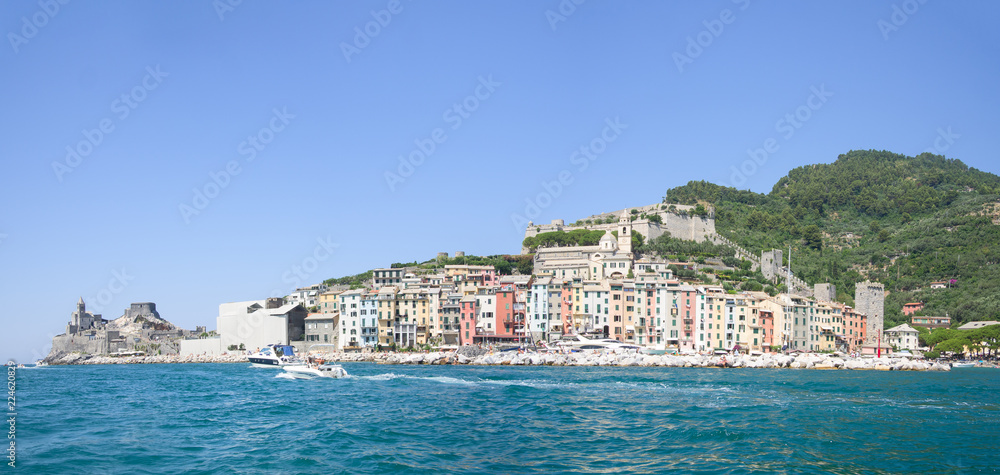 Portovenere beautiful village viewed from  boat in a  sunny day