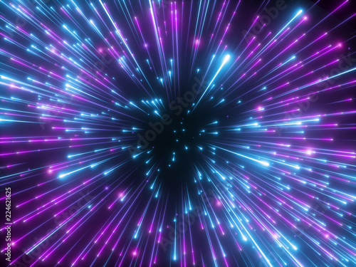 3d render, purple fireworks, big bang, galaxy, abstract cosmic background, celestial, beauty of universe, speed of light, neon glow, glowing stars, cosmos, ultraviolet infrared light, outer space