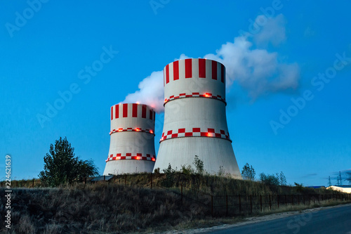 Cooling towers of Novovoronezh nuclear power plant at night