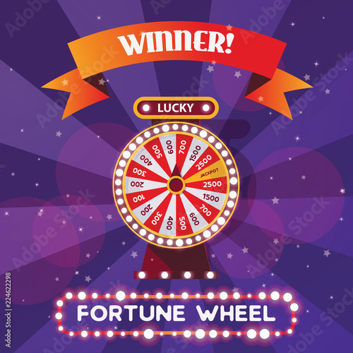 Square poster or flyer for fortune wheel winner. Purple background for modern bet money roulette game. Vector illustration