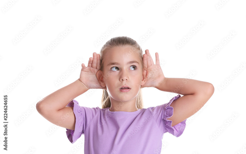 Cute little girl with hearing problem on white background Cute little girl with hearing problem on white background