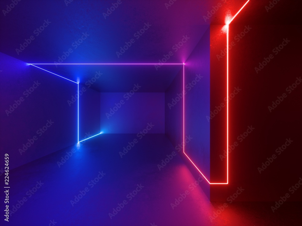 leksikon mel instruktør 3d render, red blue neon lights indoor, room, virtual reality, glowing  lines, abstract psychedelic background, vibrant colors Stock Illustration |  Adobe Stock