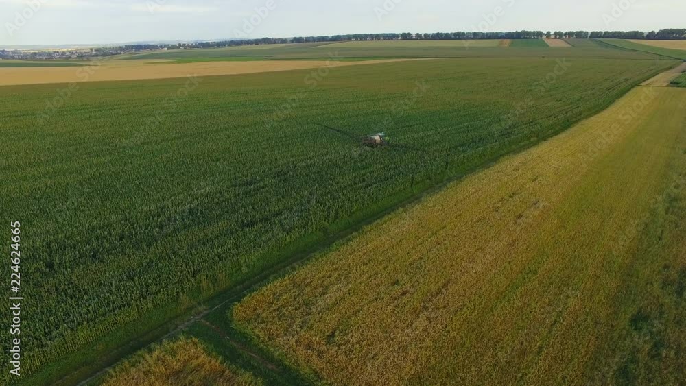 Aerial view of tractor spraying wheat field. 4K Aerial view of tractor spraying wheat field. 4K