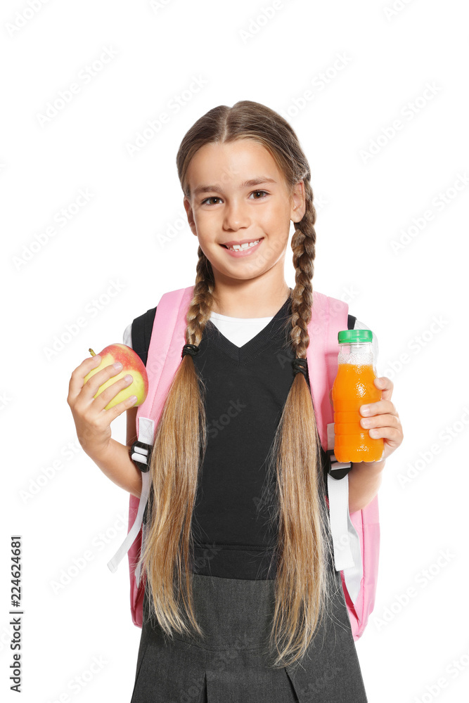 Schoolgirl with healthy food and backpack on white background Schoolgirl with healthy food and backpack on white background