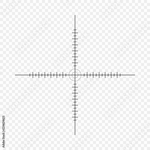 Sniper scope, scale. Crosshairs with tick marks. Icon. Vector concept of target search. Element isolated on light background, pattern.