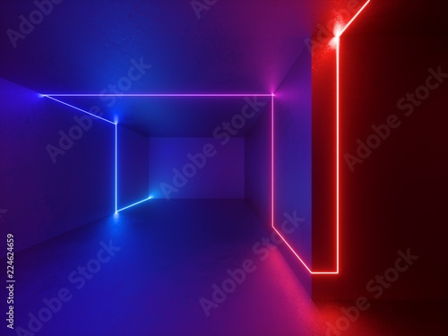 3d render  red blue neon lights indoor  room  virtual reality  glowing lines  abstract psychedelic background  vibrant colors