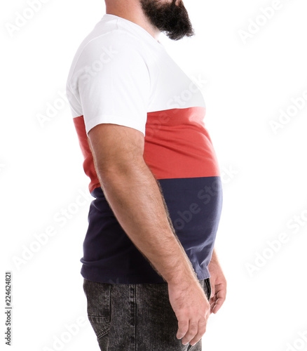 Fat man on white background, closeup. Weight loss