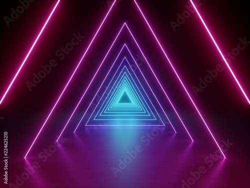 Obraz na plátně 3d render, ultraviolet neon triangular portal, glowing lines, tunnel, corridor,