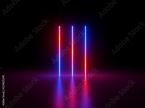 3d render, ultraviolet spectrum, red blue neon lights, vertical glowing lines, laser show, night club, equalizer, abstract fluorescent background, optical illusion, virtual reality