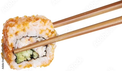 Wooden Chopsticks with Uramaki Sushi - Isolated