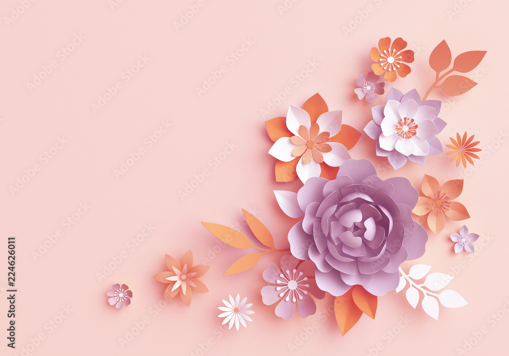 3d render, fall paper flowers, autumn botanical arrangement, floral clip  art, bouquet isolated on pastel pink background, corner element, nursery  wall decor, baby shower, peony, daisy, rose, leaves Stock Photo | Adobe