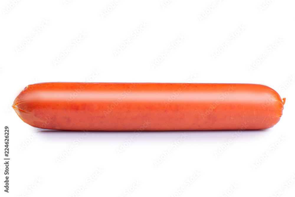Sausage in a natural shell on a white isolated background Sausage in a natural shell on a white isolated background