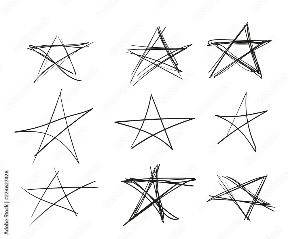 Set of black hand-drawn stars with different line thickness, sketch. Vector elements isolated on light background. Set of black hand-drawn stars with different line thickness, sketch. Vector elements isolated on light background.