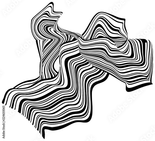 Abstract black and white stripes bent ribbons geometrical chaotic wave shape isolated on white