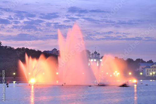 Cheboksary. Glowing fountains on the river Volga at night
