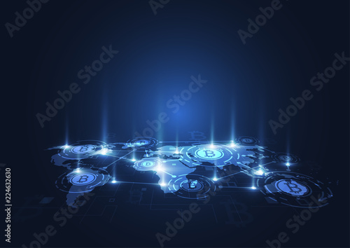Global network connection. Bitcoin Crypto Currency Blockchain Technology. World map point composition concept of global business. Vector Illustration