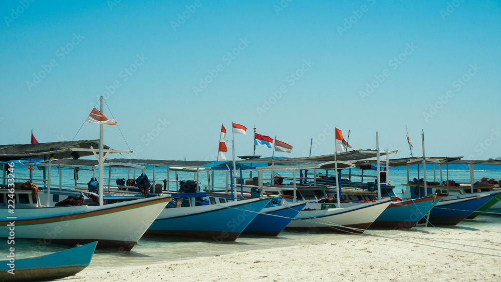 traditional boat with Indonesia flag lined up in a row anchored in sea shore beach
