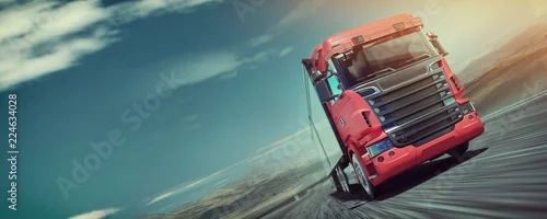 Obraz Ciężarówka poruszająca się po drodze. . Renderowania 3D i ilustracji.