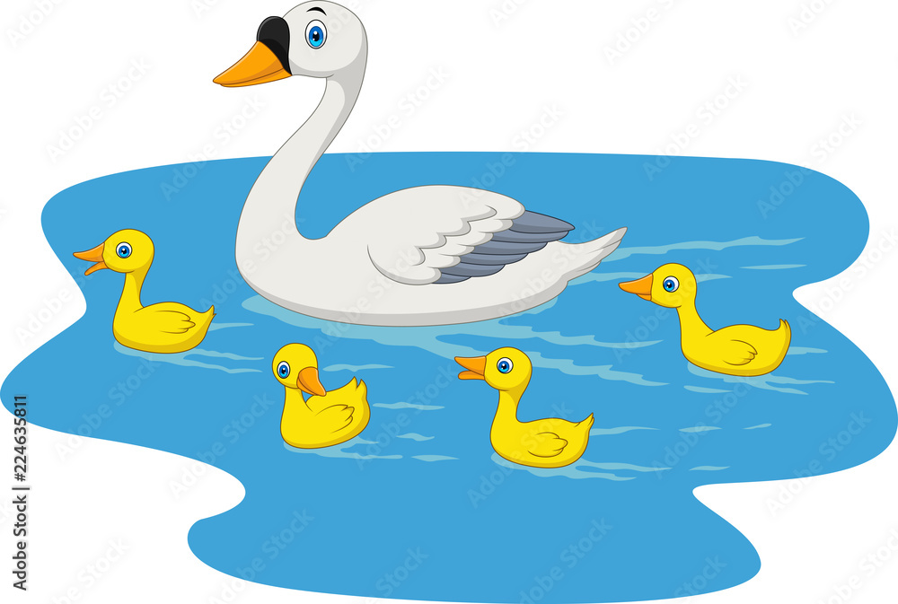 Obraz premium Cartoon swan family swimming in the pond