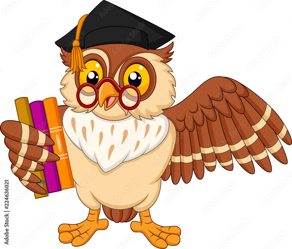 Naklejka premium Sowa kreskówka trzyma książkę