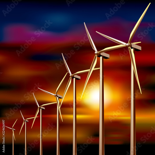 Wind power station in the dusk. Renewable Energy.